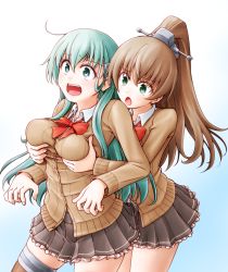 Rule 34 | 2girls, aqua eyes, aqua hair, blue background, blush, grabbing another&#039;s breast, breasts, brown hair, brown jacket, brown legwear, commentary request, frilled skirt, frills, grabbing, grabbing from behind, green eyes, groping, hair ornament, hairclip, jacket, kantai collection, kumano (kancolle), large breasts, long hair, long sleeves, meihemu, multiple girls, open mouth, pleated skirt, ponytail, red neckwear, school uniform, simple background, skirt, suzuya (kancolle), thighhighs, yuri