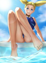 Rule 34 | 1girl, bare arms, bare legs, barefoot, bell, blonde hair, blue eyes, blue one-piece swimsuit, blue sky, cloud, day, floating hair, foreshortening, from below, grin, highres, jingle bell, jujutsu kaisen, lens flare, long hair, looking at viewer, nishimiya momo, one-piece swimsuit, outdoors, poolside, reimei33, school swimsuit, sky, smile, solo, swimsuit