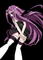 Rule 34 | 00s, 1girl, arms behind back, black background, frapowa, from below, gloves, long hair, looking at viewer, looking back, lutecia, lutecia alpine, lyrical nanoha, magical girl, mahou shoujo lyrical nanoha, mahou shoujo lyrical nanoha strikers, profile, simple background, solo, thighhighs, v arms, very long hair, white thighhighs, zettai ryouiki