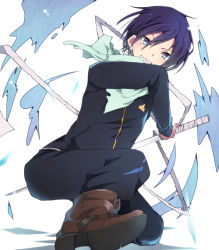 Rule 34 | 10s, 1boy, bad id, bad pixiv id, blue eyes, boots, grin, male focus, noragami, on one knee, purple hair, scarf, short hair, smile, solo, sword, sxupxdxxy, track suit, weapon, yato (noragami)