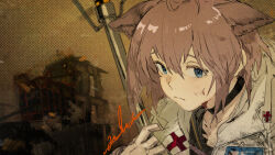 Rule 34 | 1girl, animal ears, arknights, blue eyes, brown hair, choker, dirty, dirty face, hiranko, holding, holding staff, hood, hooded jacket, jacket, looking at viewer, material growth, oripathy lesion (arknights), solo, staff, sussurro (arknights)