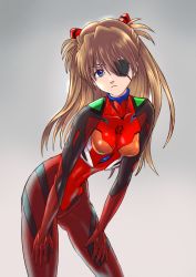 Rule 34 | 10s, 1girl, arched back, artist request, blue eyes, breasts, brown hair, evangelion: 3.0 you can (not) redo, eyepatch, hair ornament, highres, leaning forward, long hair, looking at viewer, medium breasts, neon genesis evangelion, plugsuit, rebuild of evangelion, smile, solo, souryuu asuka langley, standing, two side up