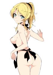Rule 34 | 10s, 1girl, apron, apron lift, ass, ayase eli, blonde hair, blue eyes, blush, breasts, clothes lift, koto (kotocotton), long hair, looking at viewer, looking back, love live!, love live! school idol project, medium breasts, naked apron, nipples, ponytail, pussy juice, solo, white background