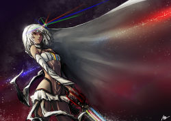 Rule 34 | 152 in can, 1girl, absurdres, altera (fate), bandeau, dark-skinned female, dark skin, detached sleeves, fate/grand order, fate (series), full-body tattoo, highres, holding, holding sword, holding weapon, long sleeves, photon ray (fate), red eyes, short hair, solo, star (sky), sword, tattoo, veil, weapon, white bandeau, white hair, white sleeves, white veil