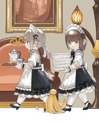 Rule 34 | 2girls, absurdres, apron, warrior of light (ff14), black dress, black footwear, blunt bangs, broom, brown hair, cookie, couch, cup, dress, final fantasy, final fantasy xiv, food, frilled dress, frilled sleeves, frills, from side, full body, grey eyes, highres, holding, holding towel, holding tray, indoors, lalafell, light smile, long hair, looking ahead, low twintails, maid, maid apron, maid headdress, multiple girls, n122425, painting (object), pantyhose, plate, platinum blonde hair, pointy ears, profile, shoes, signature, tea set, teacup, teapot, towel, tray, twintails, walking, white legwear, wrist cuffs