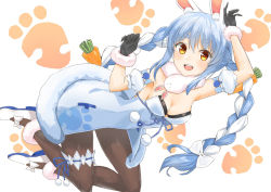 Rule 34 | 1girl, :d, animal ear fluff, animal ears, arm up, black gloves, black leotard, black pantyhose, blue hair, braid, breasts, bridal garter, carrot hair ornament, clothing cutout, coat, coat dress, detached sleeves, don-chan (usada pekora), dress, food-themed hair ornament, full body, fur-trimmed coat, fur-trimmed gloves, fur scarf, fur trim, gloves, hair ornament, highres, hikimayu, hololive, legwear garter, leotard, leotard under clothes, long hair, looking at viewer, mary janes, medium breasts, multicolored hair, na (user pzgz2338), open mouth, orange eyes, pantyhose, puffy short sleeves, puffy sleeves, rabbit ears, scarf, shoes, short eyebrows, short sleeves, single legwear garter, smile, solo, strapless, strapless coat, strapless dress, strapless leotard, swept bangs, thick eyebrows, twin braids, twintails, two-tone hair, underboob cutout, upside-down, usada pekora, usada pekora (1st costume), virtual youtuber, w arms, white coat, white footwear, white hair, white scarf, white sleeves