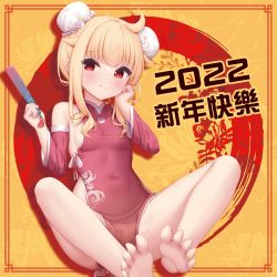 Rule 34 | 1girl, 2022, ahoge, armpit crease, bachibachi (tisen), bare shoulders, barefoot, blonde hair, breasts, bun cover, china dress, chinese clothes, covered navel, detached sleeves, double bun, dress, feet, folded fan, folding fan, hair bun, hand fan, highres, holding, little witch nobeta, long hair, long sleeves, looking at viewer, no panties, nobeta, pelvic curtain, red dress, red eyes, sitting, small breasts, smile, soles, solo, thighs, toes