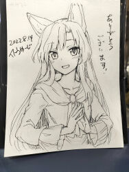 Rule 34 | 1girl, :d, animal ears, blush, brooch, dated, dress, highres, imaizumi kagerou, itou yuuji, jewelry, long hair, long sleeves, looking at viewer, nib pen (medium), open mouth, own hands together, photo (medium), scarf, signature, smile, solo, touhou, traditional media, wolf ears