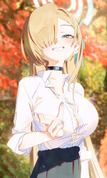 Rule 34 | 1girl, absurdres, asuna (blue archive), black choker, black skirt, blue archive, blue eyes, blue nails, blue ribbon, bm tol, breasts, button gap, choker, hair over one eye, hair ribbon, halo, highres, large breasts, light brown hair, long hair, looking at viewer, nail polish, ribbon, shirt, shirt tucked in, skirt, sleeves rolled up, solo, w, white shirt