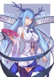 Rule 34 | 1girl, alcohol, antlers, armpits, black legwear, blue background, blue hair, blue nails, border, breasts, clothing cutout, commentary request, cowboy shot, cup, fins, hair between eyes, hand up, head fins, holding, holding cup, horns, ibuki notsu, long hair, long sleeves, looking at viewer, medium breasts, nail polish, navel, navel cutout, original, outside border, parted lips, pouring, purple eyes, sakazuki, sake, scroll, shirt, simple background, skirt, skirt set, smile, solo, standing, tail, thighs, very long hair, white border, white shirt, white skirt, wide sleeves