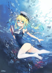 Rule 34 | 1girl, air bubble, blonde hair, blue eyes, book, breasts, bubble, fish, freediving, full body, glasses, hat, highres, holding, holding book, i-8 (kancolle), kantai collection, konno takashi, low twintails, medium breasts, name tag, red-framed eyewear, sailor hat, school swimsuit, semi-rimless eyewear, solo, swimsuit, twintails, under-rim eyewear, underwater, white hat