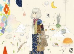 Rule 34 | 1girl, awai880, blunt bangs, boat, bowling pin, bubble, cloud, constellation, crescent moon, food, globe, grey hair, moon, omelet, omurice, original, plate, shooting star, short hair, signature, silk, solo, spider web, spoon, surreal, train, tree, vegetable, watercraft
