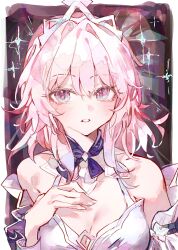 Rule 34 | 1girl, absurdres, bare shoulders, breasts, choker, cleavage, cocoballking, commentary request, dress, hand on own chest, highres, honkai: star rail, honkai (series), looking at viewer, march 7th (honkai: star rail), medium breasts, medium hair, official alternate costume, parted lips, pink hair, purple choker, sleeveless, sleeveless dress, solo, tiara, upper body