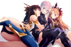 Rule 34 | 3girls, :d, alternate eye color, alternate hair color, armlet, armor, ass, bad id, bad twitter id, bare shoulders, black hair, black ribbon, black thighhighs, blonde hair, blue eyes, blue legwear, blush, breasts, cape, closed mouth, crown, dual persona, earrings, elbow gloves, ereshkigal (fate), eye contact, fate/grand order, fate (series), female focus, girl sandwich, gloves, greaves, hair ribbon, hoop earrings, ishtar (fate), jewelry, knees together feet apart, large breasts, long hair, looking at another, mash kyrielight, medium breasts, multiple girls, open mouth, red cape, red eyes, red ribbon, revealing clothes, ribbon, sandwiched, short hair, silver hair, simple background, single thighhigh, skirt, skull, smile, strapless, thighhighs, thighlet, tohsaka rin, two side up, type-moon, yomo (majidon), yuri