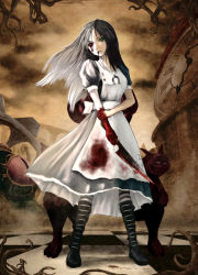 Rule 34 | 1girl, alice: madness returns, alice (alice in wonderland), alice in wonderland, alice liddell (american mcgee&#039;s alice), american mcgee&#039;s alice, american mcgee's alice, apron, black hair, blood, boots, cheshire cat (alice in wonderland), dress, green eyes, jewelry, knife, long hair, necklace, pantyhose, striped clothes, striped pantyhose, striped thighhighs, thighhighs, weapon, wyvern msk