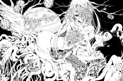 Rule 34 | 2girls, branch, breasts, cherry blossoms, cleavage, dryad, closed eyes, grass, greyscale, japanese clothes, large breasts, long hair, lying, monochrome, monster girl, mukaida kaoru, multiple girls, original, plant girl, tree