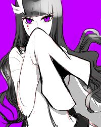 Rule 34 | 1girl, alternate hair color, apu, arrancar, black hair, bleach, blunt bangs, covering own mouth, cyan sung-sun, expressionless, facial mark, long hair, lowres, purple background, purple eyes, simple background, sleeves past wrists, solo