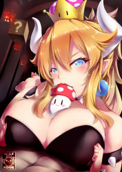Rule 34 | 1girl, ? block, armlet, artist logo, artist name, bad id, bad pixiv id, bare shoulders, barefoot, between breasts, biting, black collar, black leotard, blonde hair, blue eyes, bowsette, bracelet, breasts, cleavage, collar, commentary, commission, crown, earrings, english commentary, eyelashes, fire, food, food between breasts, food in mouth, gainoob, horns, indoors, jewelry, large breasts, leotard, long hair, looking at viewer, mario (series), mushroom, new super mario bros. u deluxe, nintendo, pointy ears, ponytail, princess, sexually suggestive, sidelocks, skindentation, soles, solo, spiked armlet, spiked bracelet, spiked collar, spikes, strapless, strapless leotard, super crown, super mushroom, table