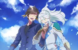 Rule 34 | 10s, 2boys, bad id, bad twitter id, bishounen, coat, day, earrings, closed eyes, feathers, interlocked fingers, jewelry, long hair, male focus, mikleo (tales), multiple boys, official alternate costume, open mouth, ponytail, sachico66, shirt, sky, smile, sorey (tales), spoilers, tales of (series), tales of zestiria, white hair