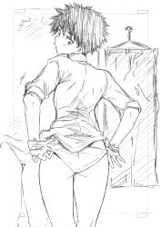 Rule 34 | 1girl, absurdres, ass, clothes hanger, from behind, graphite (medium), greyscale, hatching (texture), highres, kojima takeshi, looking back, monochrome, original, panties, pants, unworn pants, reverse trap, solo, spiked hair, tomboy, traditional media, underwear