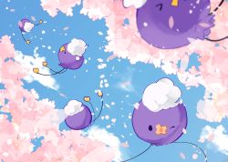 Rule 34 | black eyes, blue sky, cherry blossoms, cloud, cloudy sky, commentary request, creature, creatures (company), day, drifloon, floating, game freak, gen 4 pokemon, highres, looking at viewer, nintendo, no humans, one eye closed, pokemon, pokemon (creature), sky, yukiu (yukiusagi913)