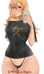 Rule 34 | 1girl, arm behind back, artist name, black nails, black panties, black shirt, blonde hair, blush stickers, breasts, closed mouth, cowboy shot, curvy, dark magician girl, feet out of frame, female focus, green eyes, hair between eyes, highleg, highleg panties, highres, holding, holding phone, holy meh, lips, long hair, looking at viewer, medium breasts, nail polish, panties, patreon logo, patreon username, pentagram, phone, pout, shirt, simple background, solo, standing, thick thighs, thigh gap, thighs, thong, tight clothes, tight shirt, underwear, very long hair, watermark, web address, white background, wide hips, yu-gi-oh!