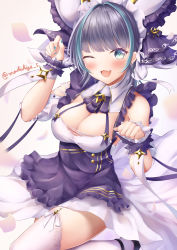 Rule 34 | 1girl, absurdres, animal ears, apron, aqua nails, artist name, azur lane, black footwear, blue eyes, blue hair, breasts, cheshire (azur lane), cleavage, detached sleeves, dress, fake animal ears, fang, frilled hairband, frilled ribbon, frills, garter straps, hairband, highres, large breasts, long ribbon, looking at viewer, maid, maid headdress, makihige, multicolored hair, nail polish, one eye closed, paw pose, puffy detached sleeves, puffy sleeves, purple apron, purple hair, ribbon, skin fang, solo, streaked hair, thighhighs, white dress, white thighhighs, wrist cuffs