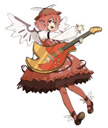 Rule 34 | 1girl, :d, animal ears, bird ears, bird wings, brown footwear, brown headwear, brown pantyhose, brown skirt, brown vest, collared shirt, frilled skirt, frilled sleeves, frills, guitar, holding, holding instrument, instrument, juliet sleeves, long sleeves, looking at viewer, maguro (mawaru sushi), mary janes, mystia lorelei, open mouth, pantyhose, pink hair, puffy sleeves, red eyes, shirt, shoes, short hair, skirt, skirt set, smile, solo, touhou, vest, white background, white shirt, winged footwear, winged hat, wings