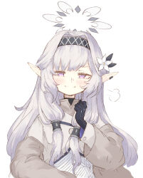 Rule 34 | 1girl, black gloves, blue archive, blush, closed mouth, commentary request, dress, earclip, flower, furobai (onunku), gloves, grey hair, grey halo, hair flower, hair ornament, hair tubes, halo, highres, himari (blue archive), jacket, long hair, looking at viewer, mole, mole under eye, pointy ears, purple eyes, simple background, smile, solo, upper body, white background, white dress, white flower, white halo