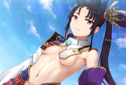 Rule 34 | 1girl, armor, asymmetrical sleeves, black hair, blue eyes, breasts, day, detached collar, detached sleeves, fate/grand order, fate (series), hashi, hat, japanese armor, kusazuri, long hair, looking at viewer, medium breasts, mismatched sleeves, navel, parted bangs, pom pom (clothes), revealing clothes, side ponytail, sky, smile, solo, stomach, tokin hat, upper body, ushiwakamaru (fate), very long hair