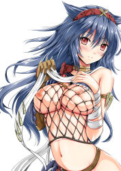 Rule 34 | 1girl, animal ears, blue hair, blush, breast suppress, breasts, capcom, cover, cover page, fishnet top, fishnets, gloves, hairband, kojima saya, large breasts, long hair, monster hunter (series), nargacuga (armor), navel, nipples, red eyes, simple background, single glove, smile, solo