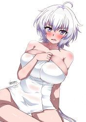 Rule 34 | 1girl, ahoge, aoi manabu, arm support, blush, breasts, commission, grey eyes, highres, huge breasts, long hair, looking at viewer, naked towel, parted lips, pixiv commission, senki zesshou symphogear, sitting, solo, steam, towel, wet, white hair, yukine chris
