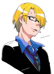 Rule 34 | 1boy, bespectacled, black-framed eyewear, black jacket, black necktie, blonde hair, blue shirt, cigarette, cropped shoulders, curly eyebrows, facial hair, glasses, goatee stubble, grey eyes, hair over one eye, highres, jacket, male focus, mouth hold, necktie, neji (ultramarinesunset), one piece, rectangular eyewear, sanji (one piece), semi-rimless eyewear, shirt, simple background, smoking, solo, stubble, translation request, twitter username, white background