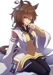 Rule 34 | 1girl, ;d, agnes tachyon (umamusume), ahoge, animal ears, black necktie, black pantyhose, black shirt, brown hair, brown sweater, collared shirt, commentary, feet out of frame, hair between eyes, highres, horse ears, horse girl, horse tail, lab coat, long hair, long sleeves, necktie, one eye closed, open clothes, open mouth, pantyhose, red eyes, ruisuke, shirt, short necktie, simple background, sitting, sleeves past fingers, sleeves past wrists, smile, solo, sweater, tail, umamusume, white background, wide sleeves