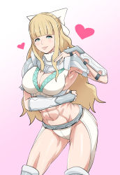 Rule 34 | 1girl, abs, armor, armpits, bad id, bad pixiv id, bikini armor, blonde hair, blue eyes, blunt bangs, blush, bow, breasts, charlotte (fire emblem), cleavage, fire emblem, fire emblem fates, heart, highres, kishio (agedama), large breasts, lips, muscular, muscular female, navel, nintendo, pink background, smile, solo, thighs, vambraces, white bow
