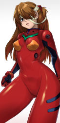 Rule 34 | 1990s (style), 1girl, arms at sides, bad id, bad pixiv id, bandages, blue eyes, bodysuit, breasts, brown hair, covered erect nipples, cowboy shot, curvy, the end of evangelion, hair over one eye, highres, kari (kakko k), long hair, long image, neon genesis evangelion, one eye covered, plugsuit, red bodysuit, retro artstyle, shiny clothes, simple background, skin tight, small breasts, solo, souryuu asuka langley, standing, tall image, thighs, two side up, white background, wide hips