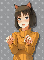 Rule 34 | 10s, 1girl, animal ears, blue eyes, blush, bob cut, brown hair, cat ears, fake animal ears, fang, hairband, heart, heart-shaped pupils, highres, looking at viewer, noccu, open mouth, orange shirt, paw pose, ribbed sweater, shirobako, shirt, short hair, solo, sugie&#039;s wife (shirobako), sweater, symbol-shaped pupils, turtleneck, upper body