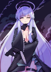 Rule 34 | 1girl, alternate costume, black dress, black gloves, blue archive, blunt bangs, breasts, broken halo, cleavage, commentary request, cosplay, dark persona, dress, flareza, gloves, grey hair, gun, halo, hand on own chin, handgun, headgear, highres, holding, holding gun, holding weapon, long hair, long sleeves, looking at viewer, medium breasts, noa (blue archive), purple eyes, shiroko (blue archive), shiroko terror (blue archive), shiroko terror (blue archive) (cosplay), side slit, sidelocks, smile, smoke, solo, weapon, wide sleeves