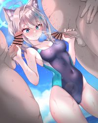 Rule 34 | 1girl, 2boys, absurdres, animal ears, bad id, bad pixiv id, bar censor, bare shoulders, blue archive, blue eyes, blush, breasts, censored, cleavage, clothed female nude male, competition swimsuit, covered navel, cowboy shot, cross hair ornament, cum, daram (shappydude), day, double handjob, ejaculation, exhibitionism, facial, fat, fat man, grey hair, group sex, hair ornament, halo, handjob, hands up, head out of frame, hetero, highres, long hair, medium breasts, medium hair, mismatched pupils, mmf threesome, multiple boys, nude, ocean, one-piece swimsuit, outdoors, penis, public indecency, shiroko (blue archive), shiroko (swimsuit) (blue archive), skin tight, solo focus, surprised, swimsuit, symbol-shaped pupils, threesome, wet, wet clothes, wet swimsuit