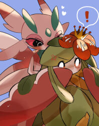 Rule 34 | !, 0 0, 2girls, anger vein, angry, antennae, arthropod girl, bags under eyes, black eyes, blank eyes, blue background, colored sclera, colored skin, creatures (company), crown, female focus, flower, furry, furry female, furry with non-furry, game freak, gen 5 pokemon, gen 7 pokemon, green hair, green skin, hair flower, hair ornament, half-closed eyes, hands on another&#039;s hands, hands up, happy, heart, highres, hug, hug from behind, interspecies, lilligant, long hair, looking at another, lurantis, mini crown, monster girl, multicolored skin, multiple girls, nintendo, no mouth, pink skin, plant girl, pokemon, pokemon (creature), powerpuff (pixiv 60944739), red flower, red sclera, sidelocks, simple background, speech bubble, spoken exclamation mark, standing, surprised, swept bangs, tilted headwear, v-shaped eyebrows, white eyes, white skin, yellow headwear, yuri