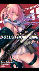 Rule 34 | 1girl, ar-15, ass, assault rifle, black gloves, blue eyes, blue hair, blush, breasts, character name, commentary request, damaged, dress, fingerless gloves, from side, girls&#039; frontline, gloves, gun, hair between eyes, hair ornament, hairclip, half-closed eyes, highres, holding, holding gun, holding weapon, jacket, kisaragi chiyuki, letterboxed, long hair, looking at viewer, multicolored hair, one side up, panties, parted lips, pink hair, pinky out, revision, rifle, scarf, sidelocks, signature, single thighhigh, skindentation, small breasts, solo, st ar-15 (girls&#039; frontline), streaked hair, thigh strap, thighhighs, torn clothes, torn dress, torn thighhighs, trigger discipline, underwear, weapon, white panties