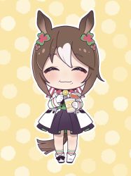 Rule 34 | 1girl, :3, :t, animal ears, black skirt, blush, boots, brown hair, chibi, closed eyes, clover hair ornament, coat, commentary request, fine motion (umamusume), food, food on face, fork, full body, gloves, hair ornament, highres, holding, holding fork, horse ears, horse girl, horse tail, long hair, medium hair, multicolored hair, nissin cup noodle, rn10r, skirt, socks, solo, tail, two-tone background, two-tone hair, umamusume, white coat, white footwear, white gloves