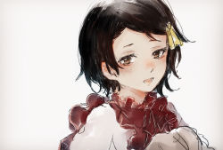 Rule 34 | 1girl, ann magnolia, bad id, bad pixiv id, black hair, blush, child, commentary, dress, frilled dress, frills, hair ornament, hair ribbon, highres, looking at viewer, machihazure, nose blush, open mouth, ribbon, short hair, simple background, solo, upper body, violet evergarden, violet evergarden (series), white background, yellow ribbon