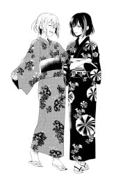 Rule 34 | 2girls, aoba moca, bang dream!, blush, closed eyes, commentary request, crossed arms, floral print, greyscale, hair between eyes, japanese clothes, kimono, long sleeves, looking at another, mitake ran, monochrome, multiple girls, obi, open mouth, sandals, sash, sen&#039;yuu yuuji, short hair, simple background, toes, white background, wide sleeves, yukata