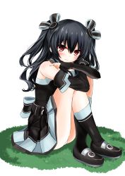 Rule 34 | 1girl, absurdres, bare legs, bare shoulders, belt, black dress, black footwear, black gloves, black hair, blush, boots, closed mouth, crossed arms, dress, elbow gloves, ex idol, fingerless gloves, full body, gloves, grass, hair between eyes, hair ribbon, highres, knee boots, kneehighs, knees up, looking at viewer, neptune (series), on ground, panties, pantyshot, red eyes, revision, ribbon, ribbon-trimmed dress, shoes, simple background, sitting, sleeveless, sleeveless dress, socks, solo, thighs, two side up, underwear, uni (neptunia), upskirt, white background, white panties