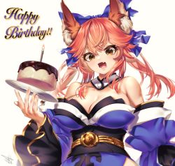 Rule 34 | 1girl, acuma, animal ear fluff, animal ears, birthday, birthday cake, blue bow, blue kimono, blue ribbon, blush, bow, breasts, cake, candle, cleavage, collarbone, detached sleeves, fang, fate/grand order, fate (series), food, fox ears, fox girl, hair ribbon, happy birthday, highres, japanese clothes, kimono, large breasts, looking at viewer, looking down, pink hair, ribbon, signature, simple background, solo, split ponytail, tamamo (fate), tamamo no mae (fate/extra), white background, yellow eyes