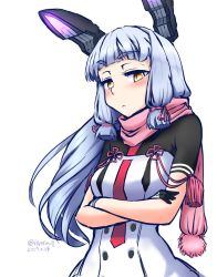 Rule 34 | 1girl, blue hair, blunt bangs, blush, breasts, crossed arms, dated, dress, gloves, hair ribbon, headgear, highres, izumikuma, kantai collection, long hair, looking at viewer, murakumo (kancolle), murakumo kai ni (kancolle), necktie, orange eyes, pink necktie, pink scarf, pom pom (clothes), ribbon, scarf, short sleeves, sidelocks, simple background, small breasts, solo, tassel, tress ribbon, twitter username, upper body, white background