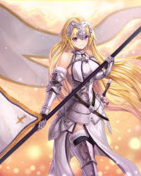 Rule 34 | &gt;:), 1girl, armor, armored boots, armored dress, bad id, bad pixiv id, bare shoulders, black thighhighs, blonde hair, blush, boots, breasts, chain, closed mouth, cowboy shot, fate/grand order, fate (series), faulds, flag, gauntlets, headpiece, highres, jeanne d&#039;arc (fate), jeanne d&#039;arc (ruler) (fate), jeanne d&#039;arc (third ascension) (fate), long hair, looking at viewer, lunacle, medium breasts, purple eyes, smile, solo, sword, thigh boots, thighhighs, thighhighs under boots, v-shaped eyebrows, very long hair, weapon