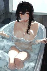 1girl absurdres ahoge bare_arms bare_shoulders bath bathing bathtub black_hair blush breasts cleavage commentary completely_nude english_commentary grace_howard hair_between_eyes highres large_breasts long_hair looking_at_viewer ms._tsu navel nude orange_eyes solo zenless_zone_zero