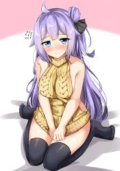 Rule 34 | 1girl, absurdres, ahoge, aran sweater, azur lane, bare arms, bare shoulders, black ribbon, black thighhighs, blue eyes, blush, breasts, brown sweater, cable knit, closed mouth, commentary request, flying sweatdrops, hair bun, hair ribbon, highres, long hair, medium breasts, meme attire, moyoron, no shoes, one side up, purple hair, ribbed sweater, ribbon, side bun, single hair bun, single side bun, sitting, sleeveless, sleeveless sweater, sleeveless turtleneck, solo, sweater, thighhighs, turtleneck, turtleneck sweater, unicorn (azur lane), v arms, very long hair, virgin killer sweater, wariza